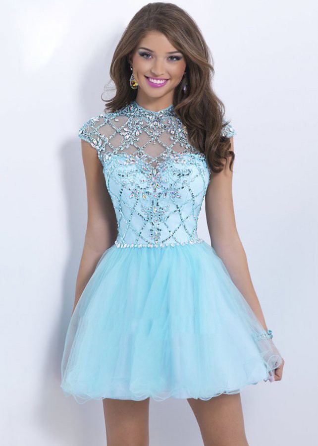 Blush Open Back Crystal Beaded Sleeves Blue Short Prom Dress Blush 9856
