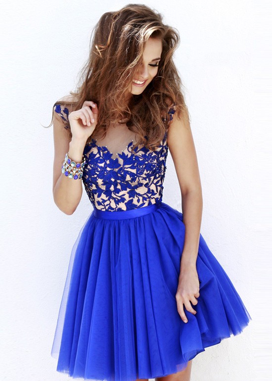 Sherri Hill 1117 Cap Sleeves Floral Short Layered Tulle Royal Cocktail Dress