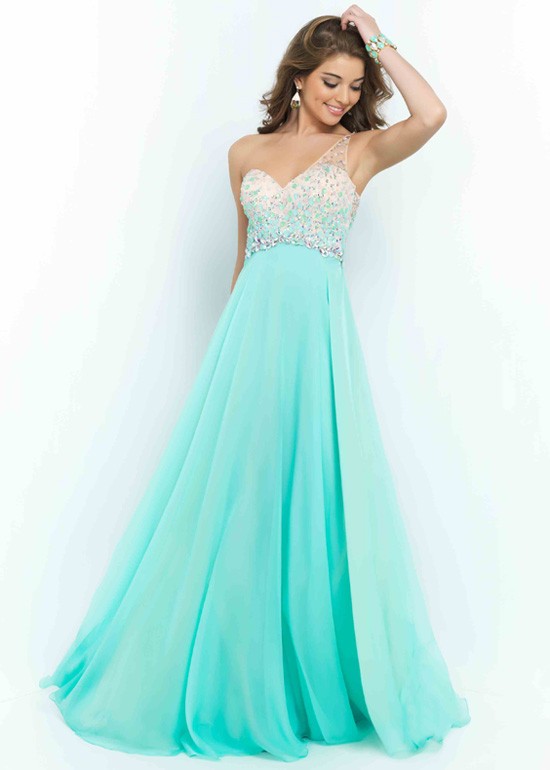 Blush 9965 Long Illusion One Shoulder Aquamarine Ombre Stones Prom Dress