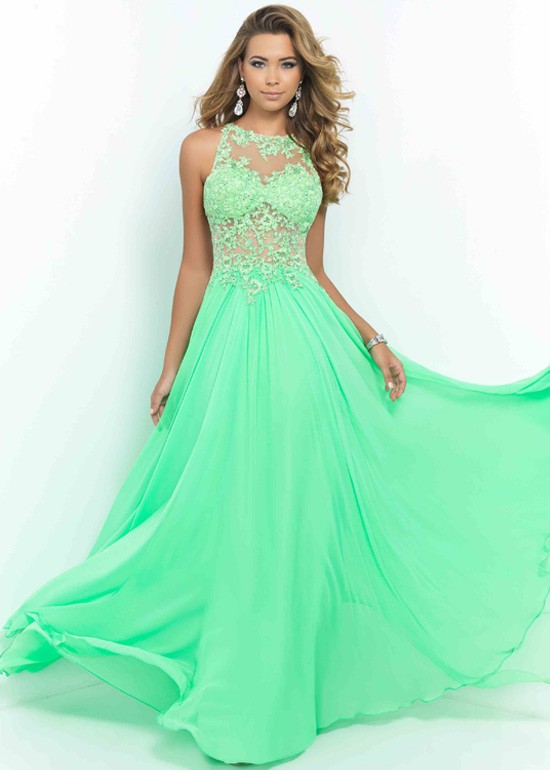 Blush 9936 Long Spring Green Illusion High Neck Cut Out Back Prom Dress